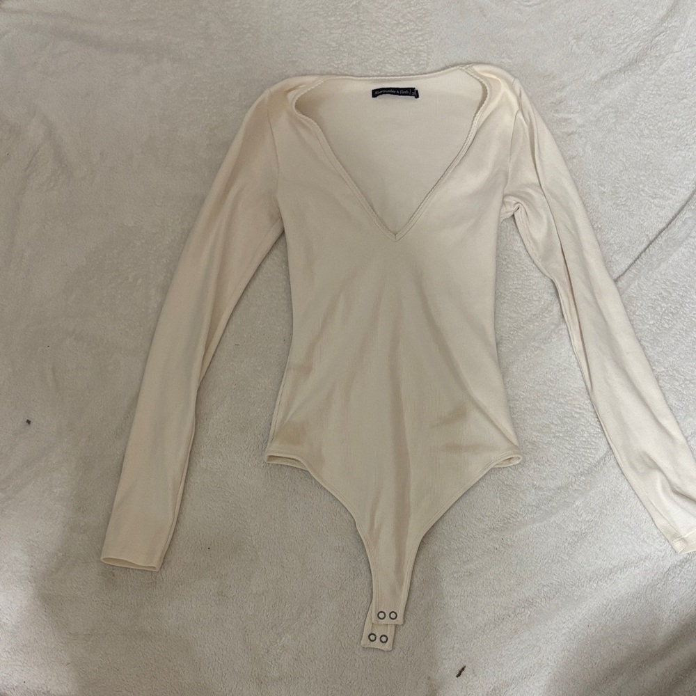 Abercrombie & Fitch Cream V-Neck Long Sleeve Bodysuit